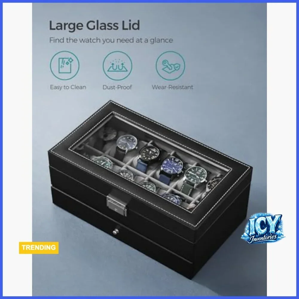 Watch Box Organizer with Glass Lid, 12 Slots, Removable Pillows, Metal Lock